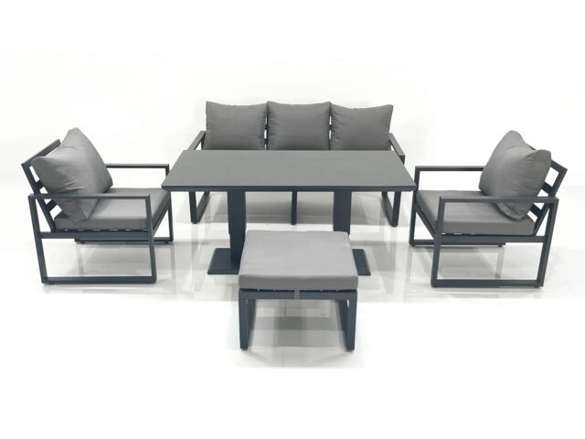 Fimous Outdoor Aluminium Garden Furniture Set with Adjustable Rising Lifting Dining Table 3 Seater Sofa 2 Chair Big Footstool Dark Grey - image 1