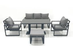 Fimous Outdoor Aluminium Garden Furniture Set with Adjustable Rising Lifting Dining Table 3 Seater Sofa 2 Chair Big Footstool Dark Grey - thumbnail 2