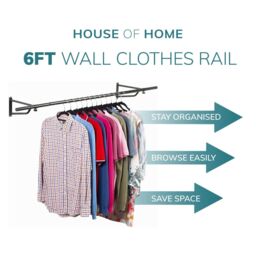 House of Home Clothes Rail Wall Mounted Garment Clothing Hanging Wardrobe Wall Rack Black 6ft - thumbnail 6