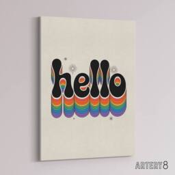 "Artery8 Hello Colourful Retro Rainbow Font Typography Canvas Wall Art Print in Beige - Size: W18"" x H24""" - thumbnail 2