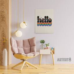 "Artery8 Hello Colourful Retro Rainbow Font Typography Canvas Wall Art Print in Beige - Size: W18"" x H24""" - thumbnail 3