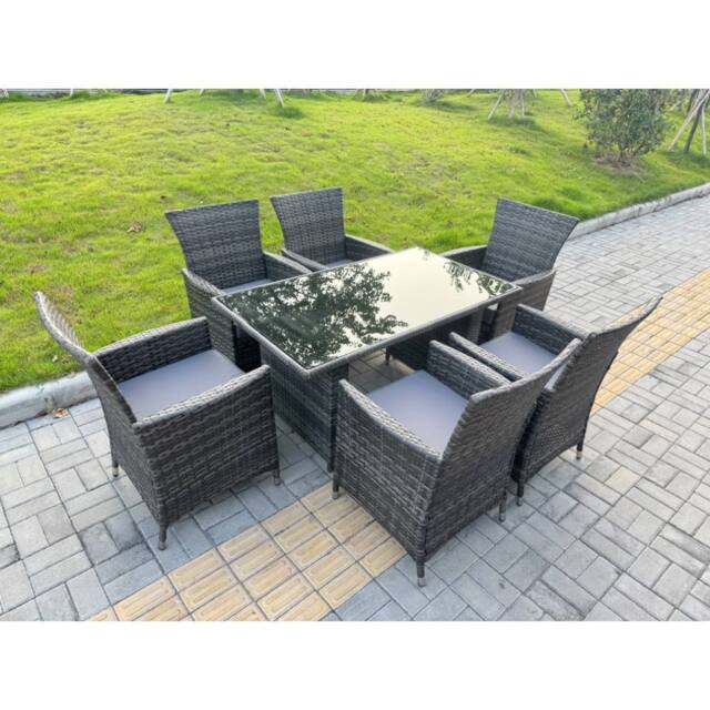 Fimous Rattan Garden Furniture Set 6-seater Patio Black Glass Table Chairs in Dark Grey