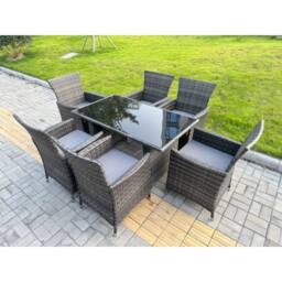 Fimous Rattan Garden Furniture Set 6-seater Patio Black Glass Table Chairs in Dark Grey - thumbnail 2