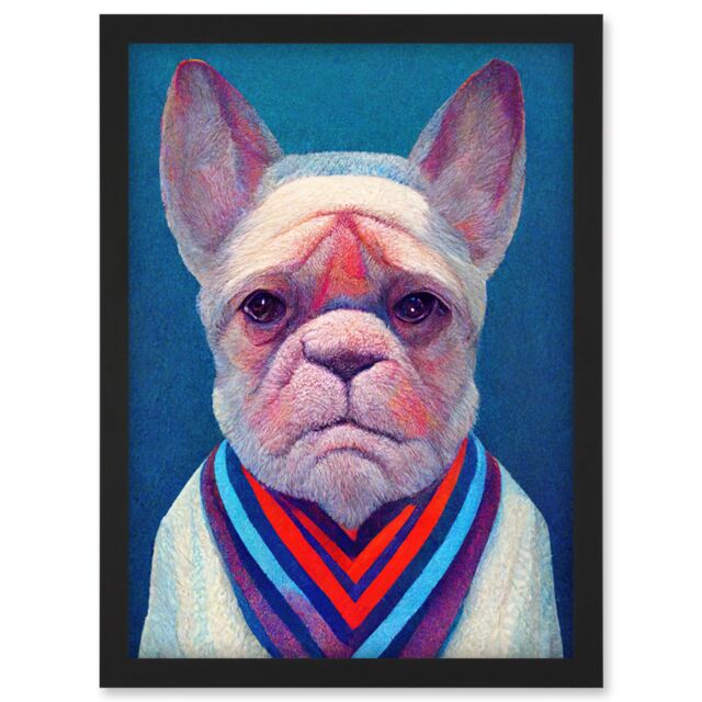 Artery8 French Bulldog In A Colourful Sweater Hockneyesque Artwork Framed Wall Art Print A4 in Black - image 1