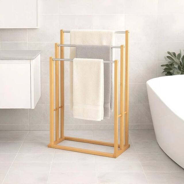 FORGEVIO Towel Rail Holder Cloth Drying Rack 3 Tier Towel Rail Steel Rod Top in Brown - image 1