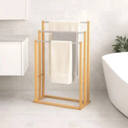 FORGEVIO Towel Rail Holder Cloth Drying Rack 3 Tier Towel Rail Steel Rod Top in Brown