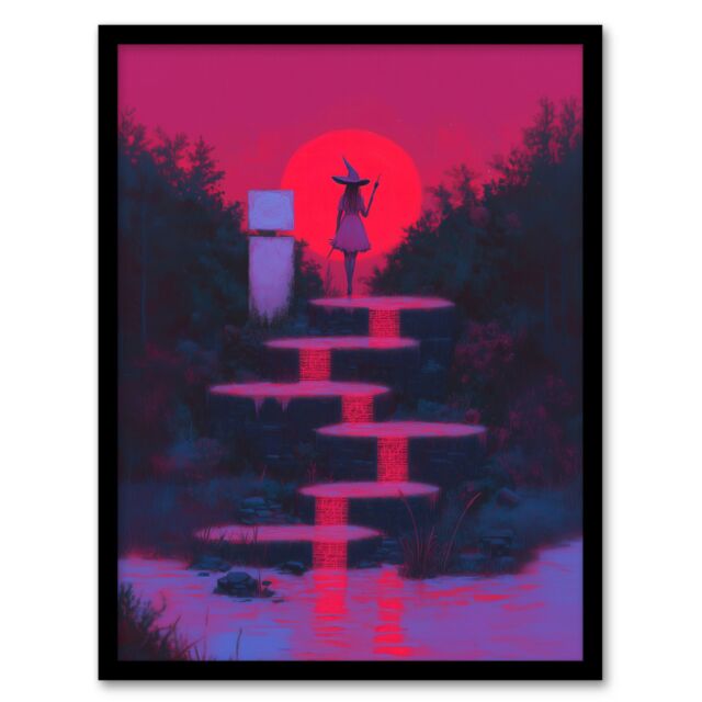 Artery8 Full Moon Witch Ritual Neon Pink Fantasy Art Framed Art Print in Purple - Size: A4 - image 1
