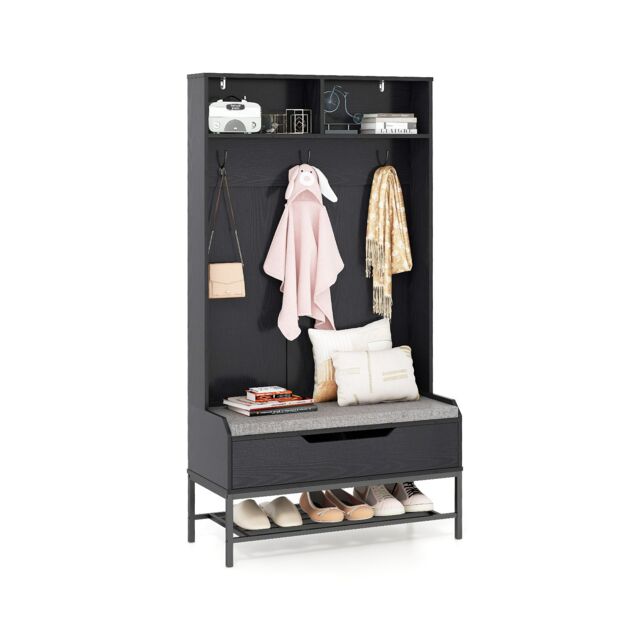 Gymax 4-in-1 Coat Rack 170cm Tall Hall Tree Entryway Bench With Seat Cushion in Black - image 1