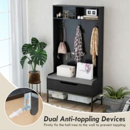Gymax 4-in-1 Coat Rack 170cm Tall Hall Tree Entryway Bench With Seat Cushion in Black - thumbnail 6