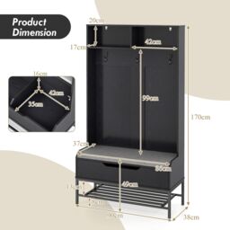 Gymax 4-in-1 Coat Rack 170cm Tall Hall Tree Entryway Bench With Seat Cushion in Black - thumbnail 2