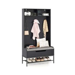 Gymax 4-in-1 Coat Rack 170cm Tall Hall Tree Entryway Bench With Seat Cushion in Black