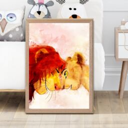 ARTZE Simba & Nala Watercolour Lion King Framed Print SIZE: A4 with Oak Frame in Red - Size: A3 - thumbnail 2