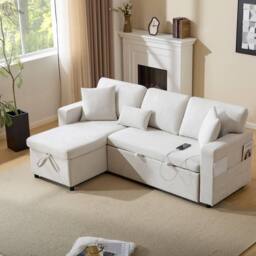ModernLuxe 3 seater corner sofa bed with pull out bed & open storage in Beige - thumbnail 9
