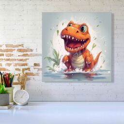 "Warren Reed - Designer Dino Having A Splash Canvas in Orange - Size: W16"" x H16""" - thumbnail 1