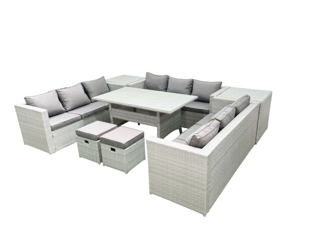 Fimous Rattan Garden Outdoor Furniture Set 11 Seater Garden Sofa Rectangulr Dining Table Set with 2 Small Footstool 2 Side Tables Light Grey Mixed - image 1