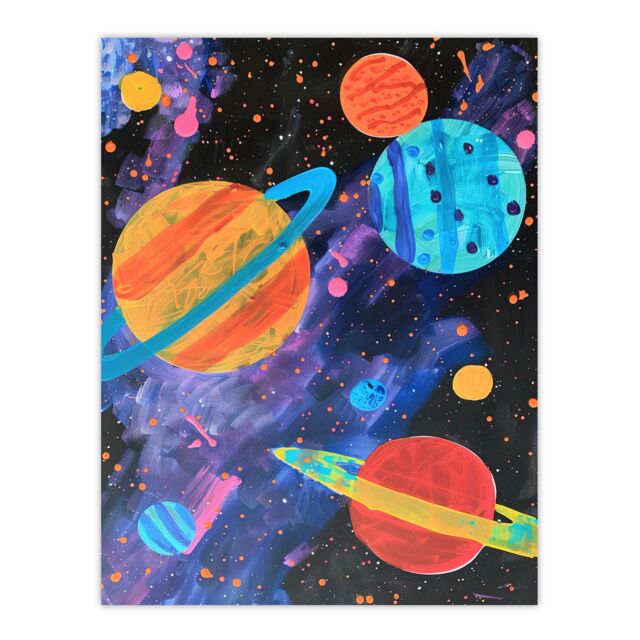 "Artery8 Space Planets & Stars Colourful Child Painting Wall Art Print - Size: W18"" x H24""" - image 1
