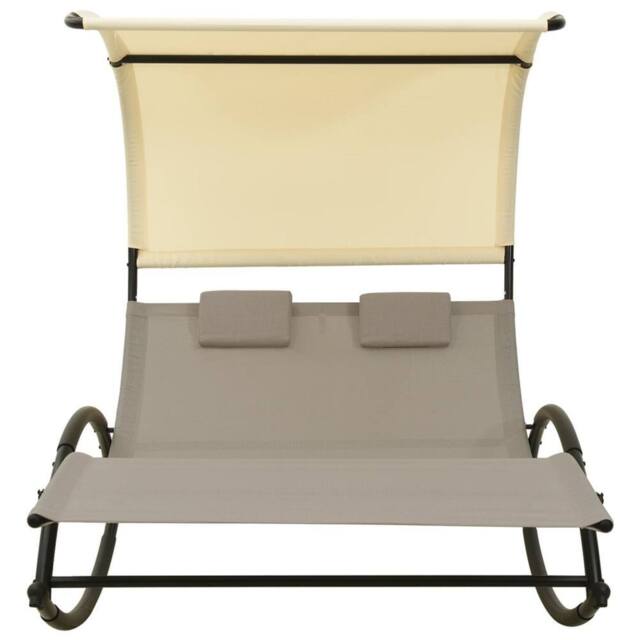 Berkfield Home Double Sun Lounger with Canopy Textilene Taupe & Cream in Beige - image 1