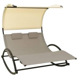 Berkfield Home Double Sun Lounger with Canopy Textilene Taupe & Cream in Beige - thumbnail 2