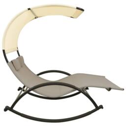 Berkfield Home Double Sun Lounger with Canopy Textilene Taupe & Cream in Beige - thumbnail 3