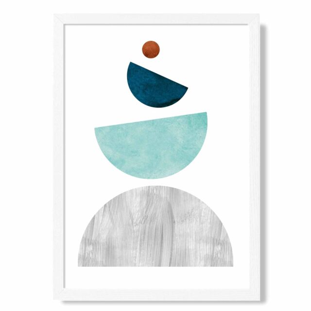 ARTZE Grey & Teal Circles Mid Century Geometric Framed Print SIZE: A4 with White Frame - image 1