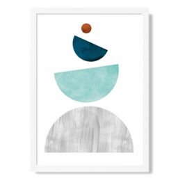ARTZE Grey & Teal Circles Mid Century Geometric Framed Print SIZE: A4 with White Frame - thumbnail 1