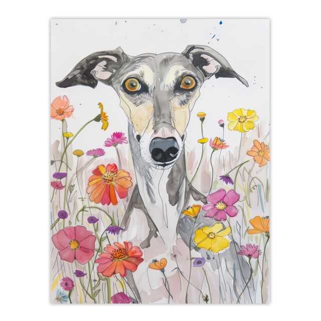 "Artery8 Cute Whippet in Wildflowers Dog Lover Watercolour Wall Art Print in Grey - Size: W24"" x H32""" - image 1