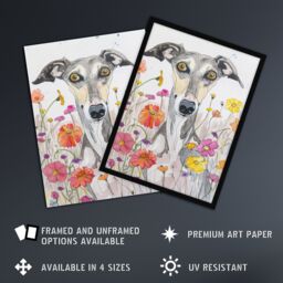 "Artery8 Cute Whippet in Wildflowers Dog Lover Watercolour Wall Art Print in Grey - Size: W24"" x H32""" - thumbnail 2