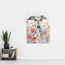 "Artery8 Cute Whippet in Wildflowers Dog Lover Watercolour Wall Art Print in Grey - Size: W24"" x H32""" - thumbnail 4