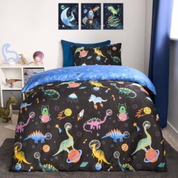 OHS Space Duvet Cover Bedding Set Pillowcases Dino Reversible Quilt in Navy - Size: Single - thumbnail 1