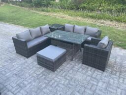 Fimous 8 Seater Outdoor Lounge Sofa Garden Furniture Set Patio Chair Rattan Rectangular Dining Table in Dark Grey - thumbnail 1