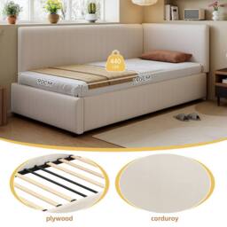 Merax Modern 3ft Single Beige Corduroy L-Shaped Corner Daybed - thumbnail 8