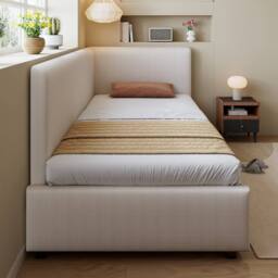 Merax Modern 3ft Single Beige Corduroy L-Shaped Corner Daybed