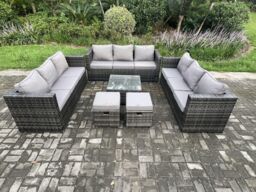 Fimous Outdoor Rattan Garden Furniture Set 11 Seater Patio Lounge Sofa Set with Square Coffee Table 2 Small Footstool in Dark Grey - thumbnail 1