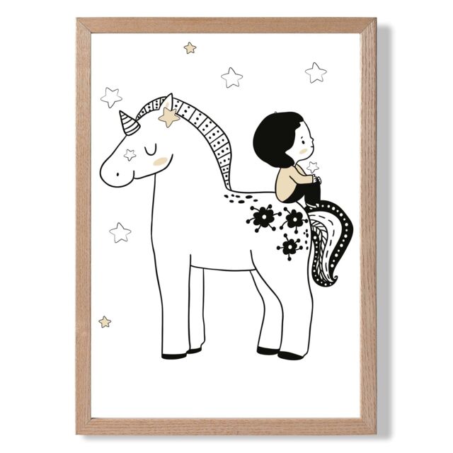 ARTZE Scandi Prince Little Boy Sitting on a Unicorn Framed Print SIZE: A4 with Oak Frame in Black - image 1