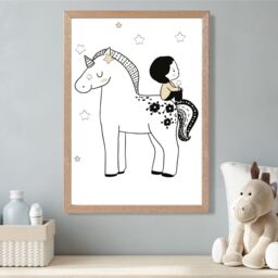 ARTZE Scandi Prince Little Boy Sitting on a Unicorn Framed Print SIZE: A4 with Oak Frame in Black - thumbnail 2