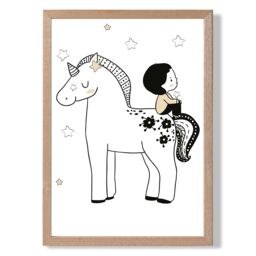 ARTZE Scandi Prince Little Boy Sitting on a Unicorn Framed Print SIZE: A4 with Oak Frame in Black - thumbnail 1