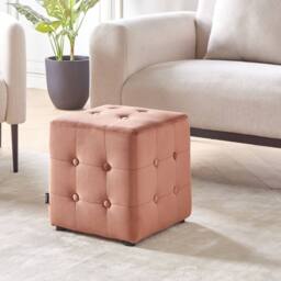 Wyld and Coco Peach Pink Velvet Button Tufted Cube Pouffe Compact Multiuse - thumbnail 1