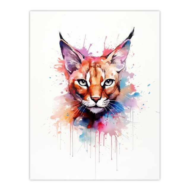 "Artery8 Wall Art Print Caracal Cat Lovers Gift Watercolour Pet Portrait Painting Artwork Poster - Size: W12"" x H16""" - image 1