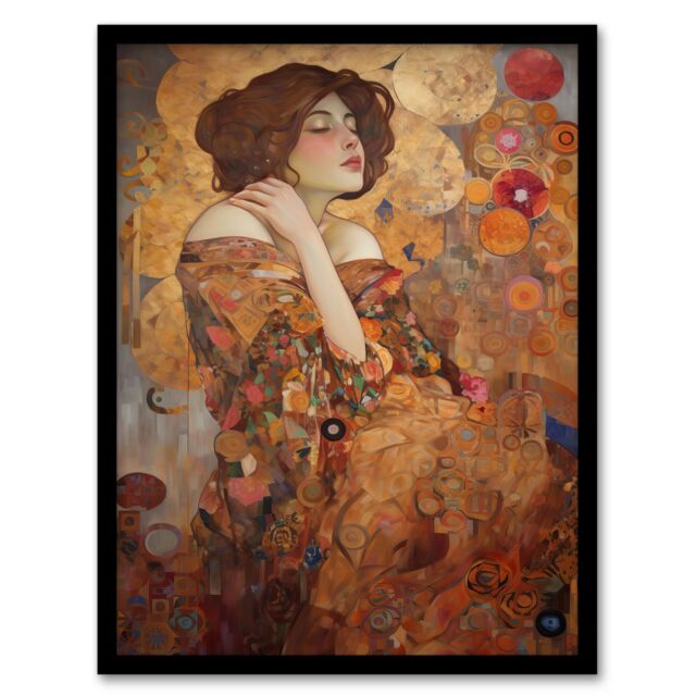"Artery8 The Dreamers Gustav Klimt Inspired Portrait Of A Woman Art Print Framed Poster Wall Decor 12x16 inch in Black - Size: W12"" x H16""" - image 1