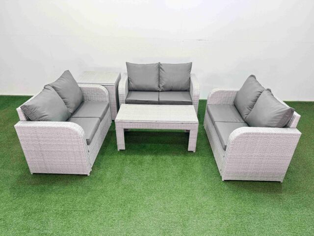 Fimous 6 Seater PE Wicker Rattan Furniture Sofa Sets with Oblong Coffee Table 2 Seater Love Sofa Side Table Light Grey - image 1