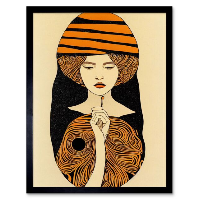 "Artery8 Wall Art Print Woman Portrait Retro Mid Century Modern Art Nouveau Art Framed in Black - Size: W12"" x H16""" - image 1