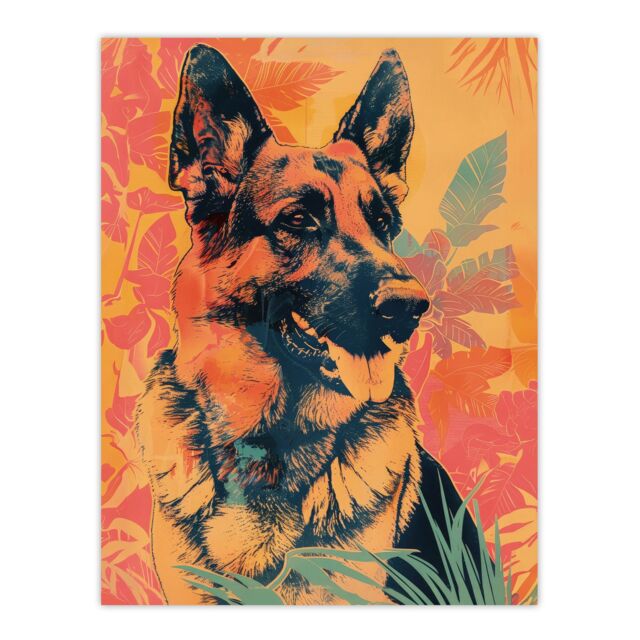 "Artery8 Wall Art Print German Shepherd Colourful Botanical Pet Portrait Poster in Orange - Size: W12"" x H16""" - image 1
