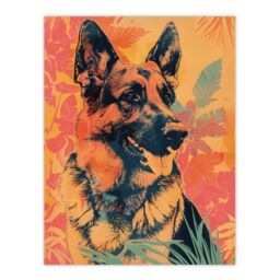 "Artery8 Wall Art Print German Shepherd Colourful Botanical Pet Portrait Poster in Orange - Size: W12"" x H16""" - thumbnail 1