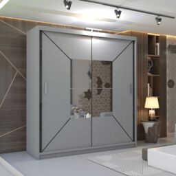 MN Furniture Naxos Sliding Mirror Wardrobe with LED Light-180cm x 217cm in Grey - Size: 180 cm x 217 cm