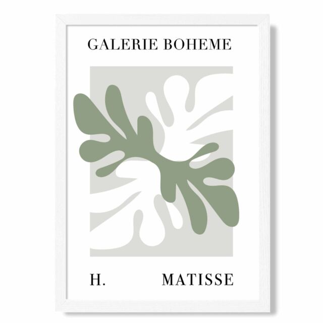 ARTZE Matisse Floral Cutout Sage Green Bohemian Framed Print SIZE: A2 with White Frame in Pale Green - Size: A4 - image 1