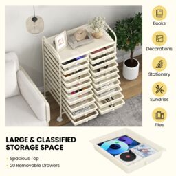 Gymax 20 Drawer Rolling Storage Cart Home Office Metal Storage Organizer in White - thumbnail 7