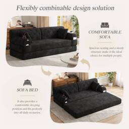 Direct Wicker 3-Seater Corduroy Sofa Bed with Cup Holders & Side Storage Pockets in Black - Size: 3 Seater - thumbnail 4