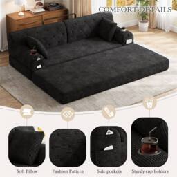Direct Wicker 3-Seater Corduroy Sofa Bed with Cup Holders & Side Storage Pockets in Black - Size: 3 Seater - thumbnail 2