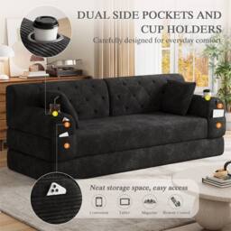 Direct Wicker 3-Seater Corduroy Sofa Bed with Cup Holders & Side Storage Pockets in Black - Size: 3 Seater - thumbnail 3