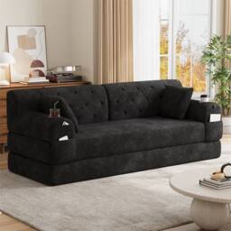Direct Wicker 3-Seater Corduroy Sofa Bed with Cup Holders & Side Storage Pockets in Black - Size: 3 Seater - thumbnail 8